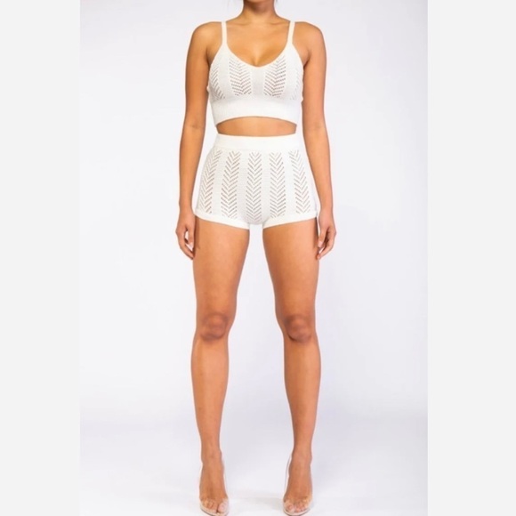 Rehab Lab Knit Tank Top Shorts Set L Two Piece Cropped Off-White Crochet Lounge - Picture 9 of 9